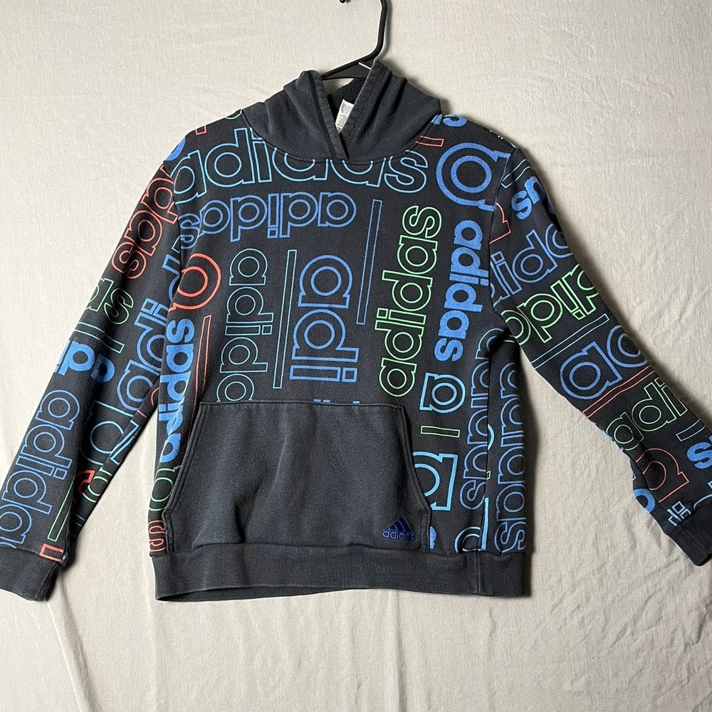Adidas Hoodie Kids L 14/16 Pullover Black All-Over Logo Print EUC
